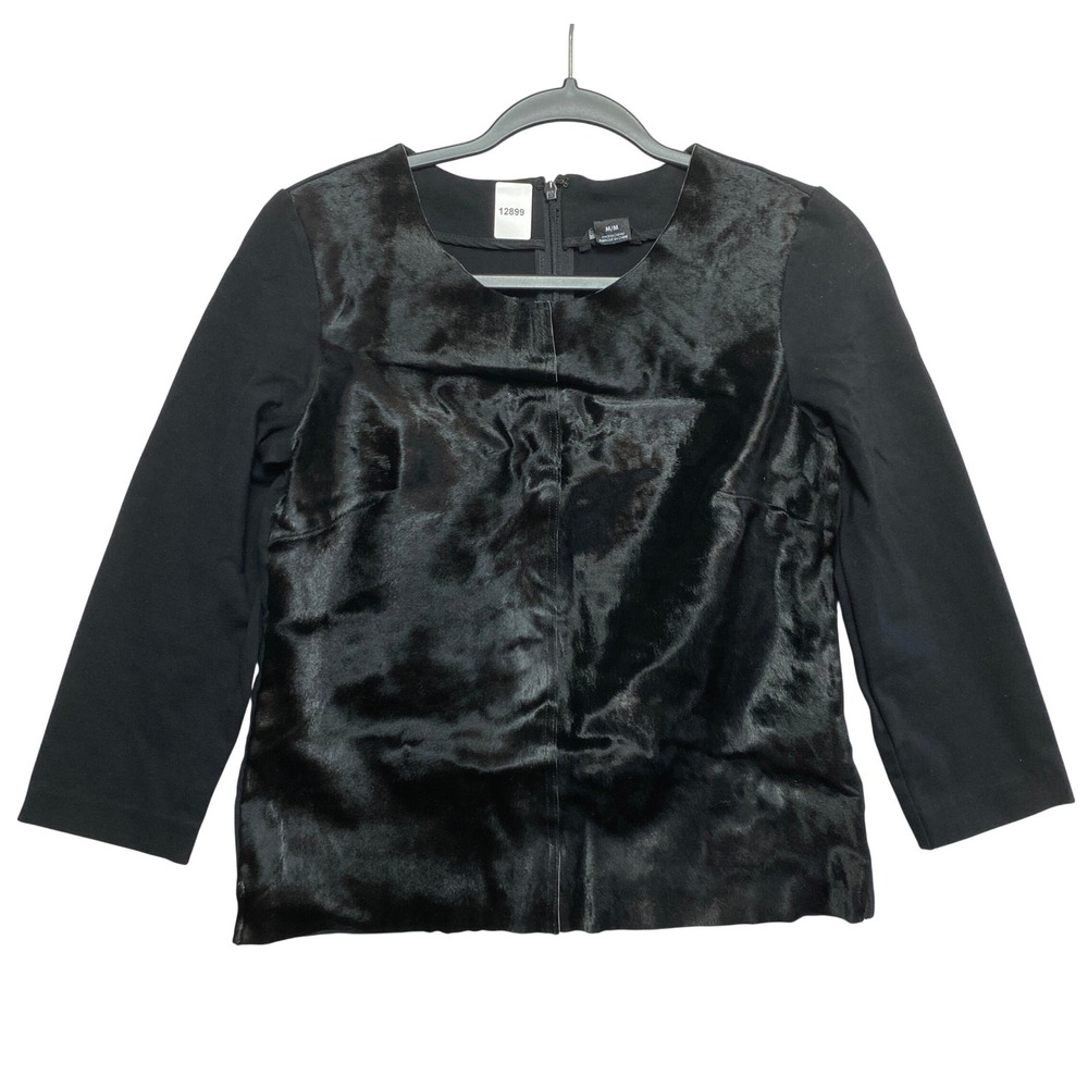 Club Monaco Top Womens M Black Calf Hair Mixed Media Back Zip